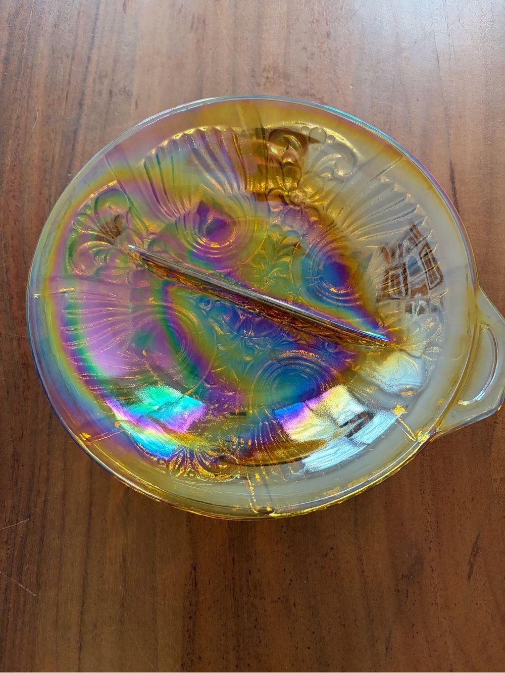 Iridescent Glass Decorative Dish - Amber Rainbow Finish 7.5 inches